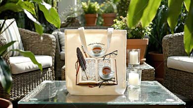 Still Life Shot of a Tea Themed Tote Bag on a Glass Table with Outdoor Garden Setting and Wicker Chairs and White Candles for