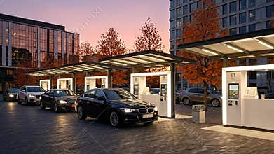Modern Urban Drive Thru Stations With Cars Lined Up At Dusk With Warm Autumn Foliage And Soft Lighting Illuminating The Scene