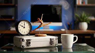 Modern Workspace Still Life with Alarm Clock Ballerina Figurine Coffee Cup on Glass Table with Shelves and Computer Screen in