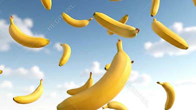 Numerous Ripe Yellow Bananas Falling Against A Clear Blue Sky With Scattered White Clouds Sunlight Illuminated