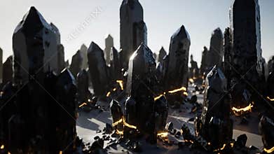 Array of Black Crystalline Structures With Glowing Orange Energy at Base Illuminated by Soft Sunlight in an Abstract Landscape