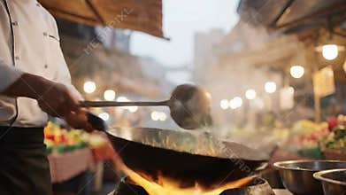 Chef Stir Frying Fresh Ingredients In A Wok Over Open Flames At A Bustling Outdoor Asian Night Market With Vibrant Produce Stalls