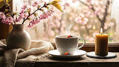 Cozy Still Life with Cherry Blossoms Teacup and Candle against Rain Streaked Window