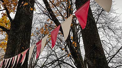Red and white triangular bunting hanging against a background of bright yellow autumn foliage and sky