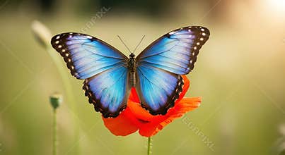 Vibrant Blue Morpho Butterfly Perched on a Bright Red Poppy Flower in a Sunny Meadow