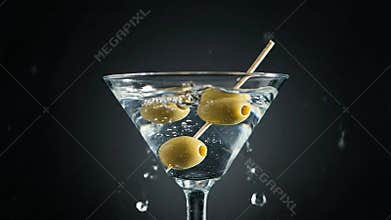Elegant Martini with Olives on a Skewer Garnished in a Clear Glass over Dark Backdrop and Splash Effect Perfect for Cocktail Hour