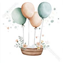 This is a beautiful composition with hand drawn watercolor baby cradle crib air balloons and flowers. It is a clip art