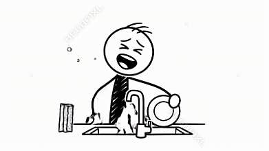 Animated Stick Figure Washing Dishes at Sink with Black Outline Singing on White Background Representing Chore Routine and