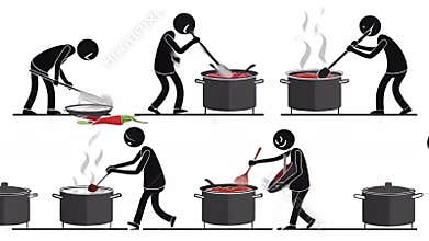 Black Stickman Cooking and Preparing Food in Pot on White Background Suitable for Culinary Illustrations and Cooking Tutorials