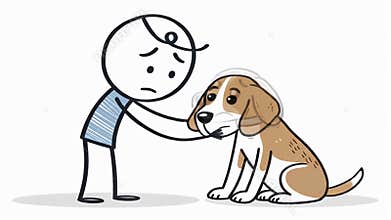 Animated Stickman Comforting Sad Beagle Dog Illustration in White Background