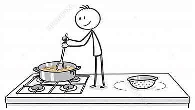 Animated Stickman Cooking Food In A Pot On The Stove With Black Outline Isolated on White Background