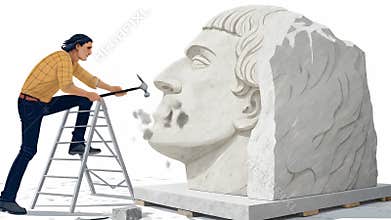 Figure on Ladder Chiseling Nose of Stone Head Sculpture with Hammer in White Isolated Background