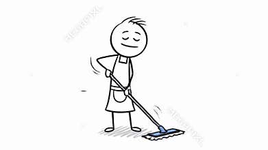 Animated Stick Figure Diligently Mopping Floor against White Background Depicting Cleanliness Routine Chore with Simplistic Design