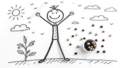 Happy Stickman with Beans and Chickpeas on White Background