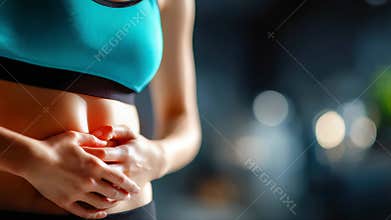 Close-up of a woman clutching her abdomen in pain, symbolizing stomach ache, bloating, or digestive discomfort