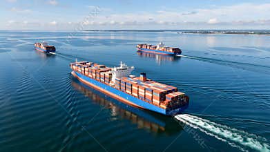 Serene Ocean Waves with Massive Cargo Ships in Golden Light