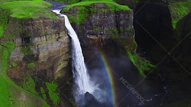 Aerial view of Haifoss waterfall and basalt canyon in Iceland
