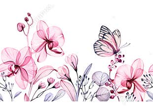 Watercolor floral border. Seamless horizontal pattern in repeat. Abstract transparent orchids, leaves and butterfly