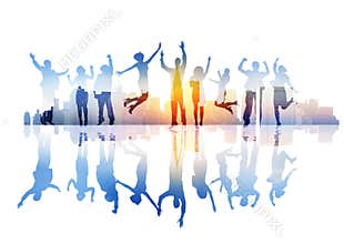 Silhouettes of Celebrating Business People in Cityscape