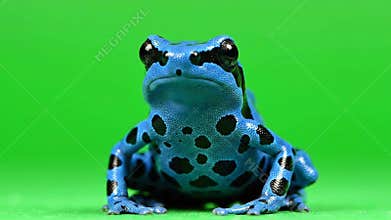 Vibrant Blue Poison Dart Frog with Black Spots Isolated on Green Screen Background Close Up Studio Shot