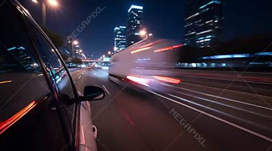 A night drive along a city highway with light trails and a modern cityscape