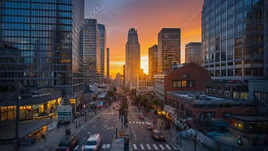 Timelapse of city waking up at sunrise, Dynamic cityscape at dusk with vibrant golden sunset reflecting on modern buildings and bu