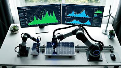 Automated Clean Energy Research Workstation with Robotic Arms Monitoring Solar Panel Data on Dual Monitors with Graphs and Charts