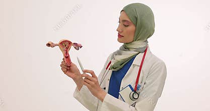 Woman gynecologist in hijab explains function of uterus