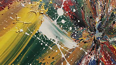 Hand drawn flower blooms amidst colorful splatters, set against rainbow hued background capturing artistic expression and creative