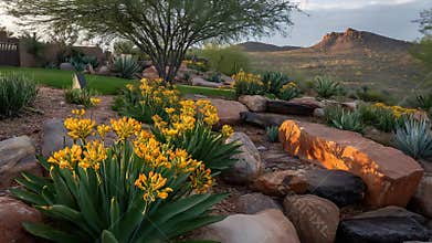 Serene Desert Garden Oasis with Blooming Yellow Flowers and Rolling Hills