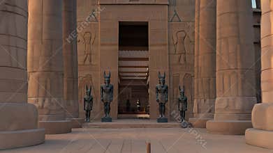 Ancient Egyptian temple with massive carved columns and hieroglyphics at sunset by water. Historic sandstone monument featuring