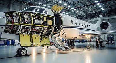Private jet undergoing maintenance in a hangar with open panels and visible mechanics