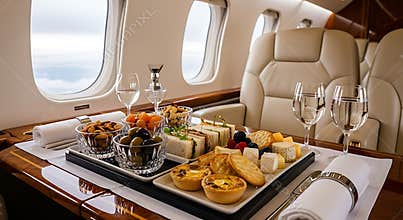 Gourmet meal served on a private jet with sandwiches cheese fruit and wine glasses