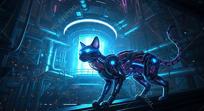 Cybernetic Sphynx Cat With Glowing Blue Eyes And Neon Circuits In Futuristic Sci Fi Corridor