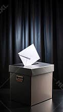 White envelope being deposited into a dark ballot box set against a dramatic backdrop signifying elections and choices