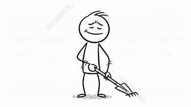 Stick Figure Man Raking Debris with A Satisfied Expression in A White Background Animation Showing Chore Done Well Symbolizing