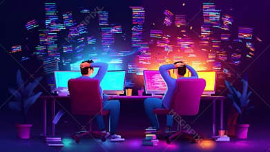 Frustrated Programmers Struggling with Code Overload, Visualizing Complex Data Processing and Debugging in a Colorful Digital