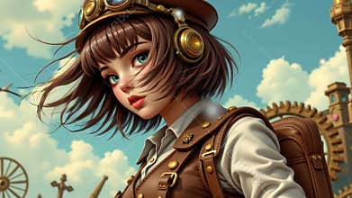 Young girl pilot portrait with steampunk goggles backpack brass machinery and windblown hair adventurous expression under cloudy