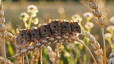 Harvesting joy, teamwork, and resilience as four tiny mice sit atop a stalk of wheat, capturing the humble pride and sense of