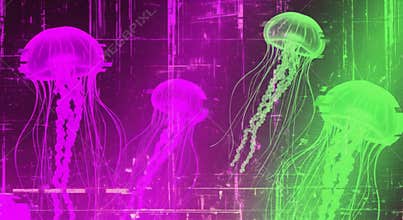 Vibrant Jellyfish Illuminated in Neon Pink and Green Light