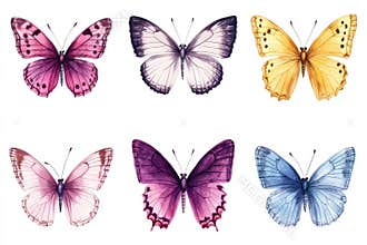 Colorful tropical butterflies are depicted in an isolated watercolor illustration of butterfly clipart, ideal for use in greeting