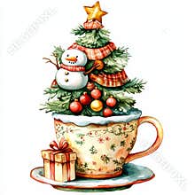 The watercolor Christmas illustration, depicted in cartoon style, showcases a cute snowman alongside a Christmas tree and gifts