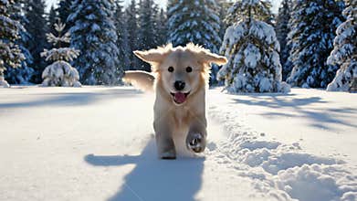 A happy golden retriever dog runs freely through snowy woods, conveying carefree abandon and playfulness, perfect for representing