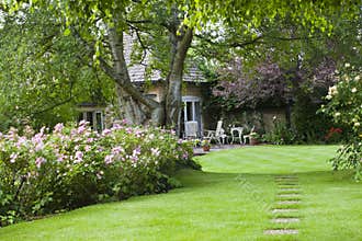 Flowering Cottage Garden and patio on hot summer d