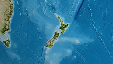 New Zealand on the globe. Glow. Satellite. No labels