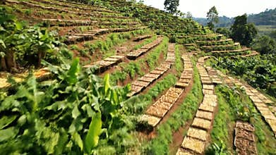 Aerial View of Cassava Drying on Terraced Hillside Under Bright Sunlight Agriculture and Traditional Farming Landscape