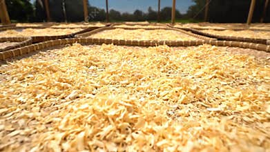 Traditional Cassava Chips Drying Process Under Sunlight In Rural Area With Bamboo Trays Outdoor In Sunny Day For