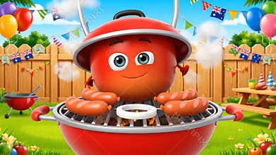 Animated BBQ Grill Character with Sausages and Onion Rings in a Festive Backyard Setting
