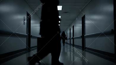 Silhouetted Figures Walking in Dark, Eerie Hospital Hallway
