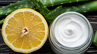 Fresh lemon slice, aloe vera, and cream jar for skincare